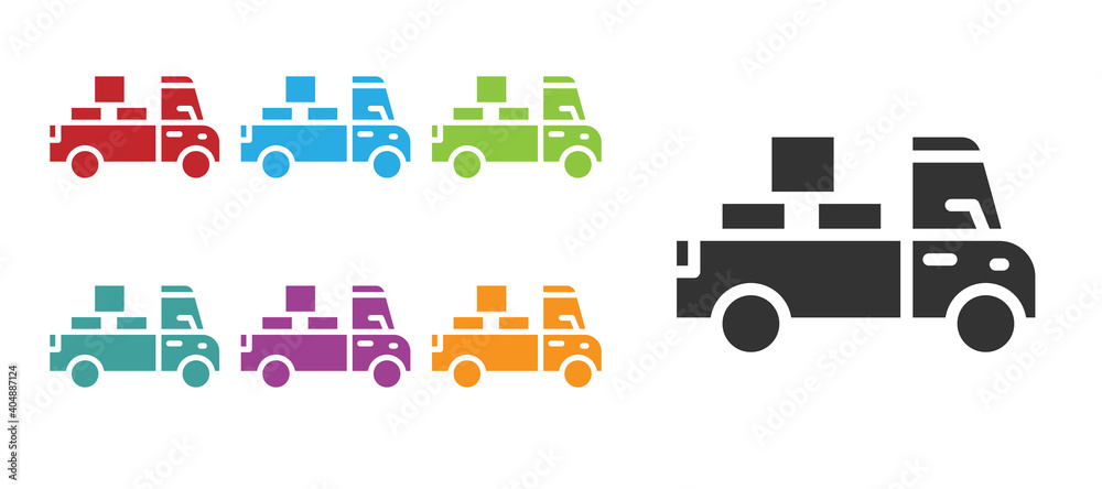 Black Delivery truck with cardboard boxes behind icon isolated on white background. Set icons colorful. Vector. Black Delivery truck with cardboard boxes behind icon isolated on white background. Set icons colorful. Vector.