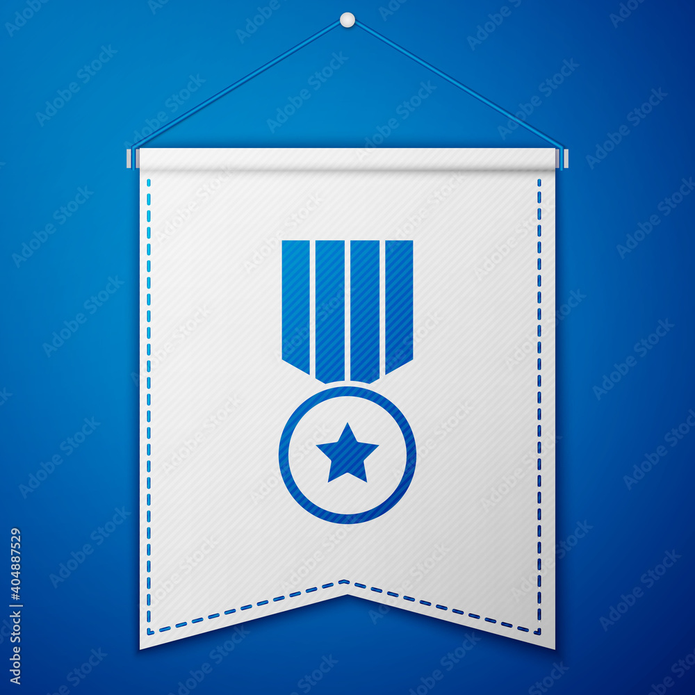 Blue Medal with star icon isolated on blue background. Winner achievement sign. Award medal. White pennant template. Vector.