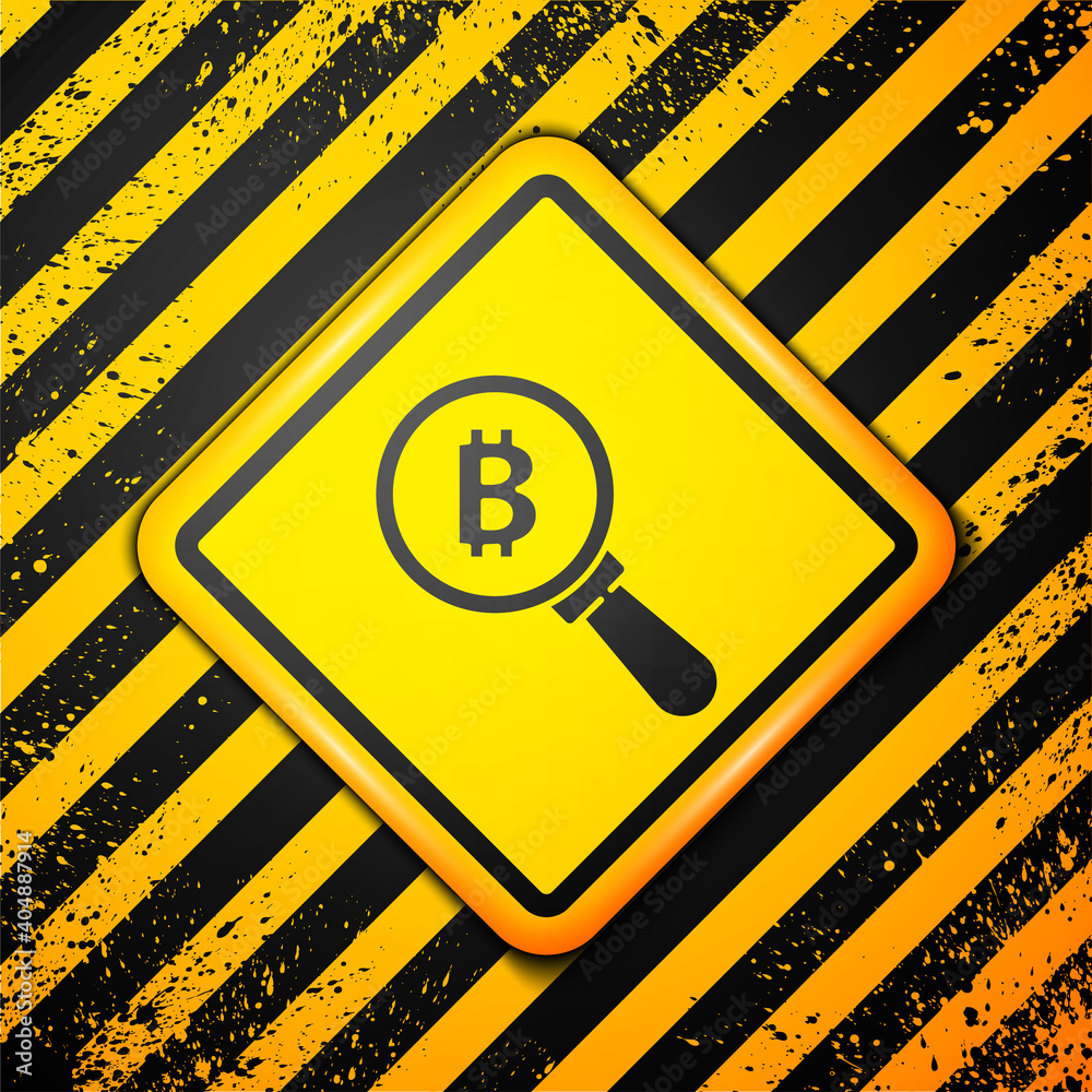 Black Magnifying glass with Bitcoin icon isolated on yellow background. Physical bit coin. Blockchain based secure crypto currency. Warning sign. Vector. Black Magnifying glass with Bitcoin icon isolated on yellow background. Physical bit coin. Blockchain based secure crypto currency. Warning sign. Vector.