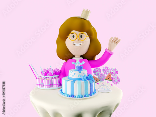 Girl Susie celebrates her birthday and waits for guests. 3d rendering. 3d illustration. 3d character photo