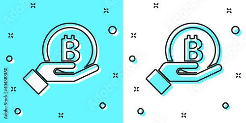 Black line Hand holding Bitcoin icon isolated on green and white background. Blockchain technology, digital money market, cryptocoin wallet. Random dynamic shapes. Vector.