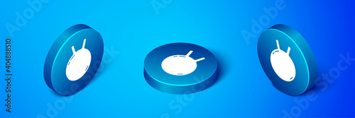 Isometric Kettlebell icon isolated on blue background. Sport equipment. Blue circle button. Vector.