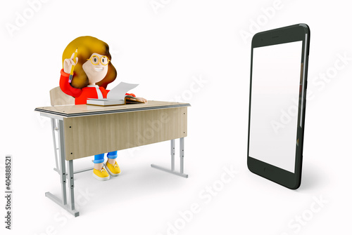 Girl Susie sits at a school desk and raises her hand . 3d rendering. 3d illustration. 3d character photo
