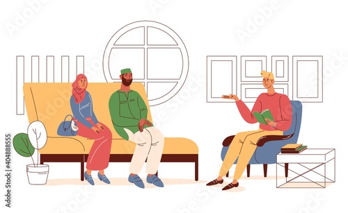 Muslim family consulting at psychotherapist. Outline interior elements, soft chair and sofa, circle window