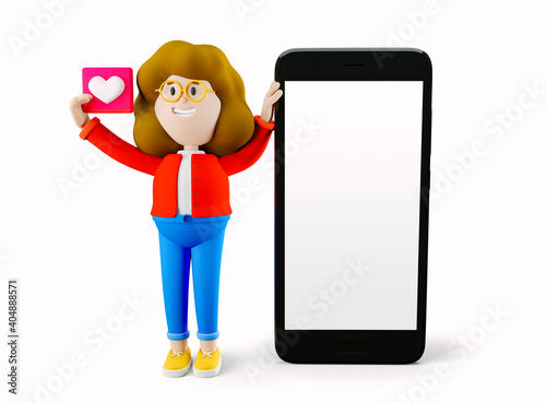 Girl Susie sits next to a large phone screen. Social media. 3d rendering. 3d illustration. 3d character photo