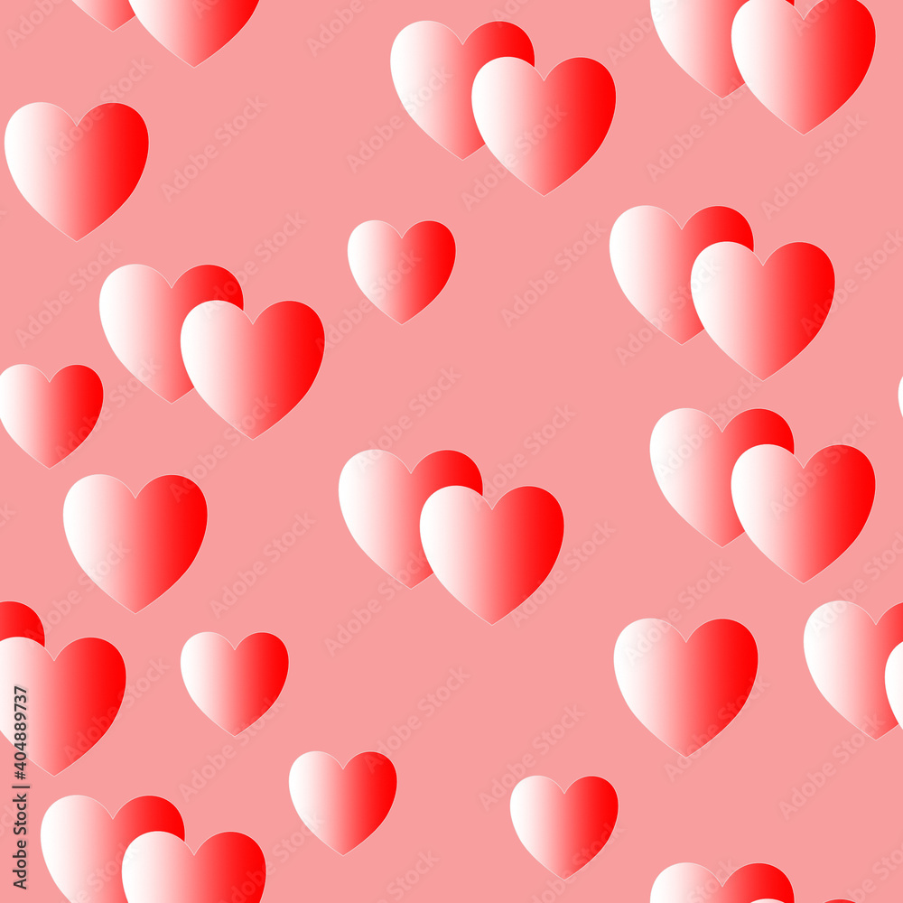 Seamless pattern of hearts with a gradient coloring on a light pink background for textiles.