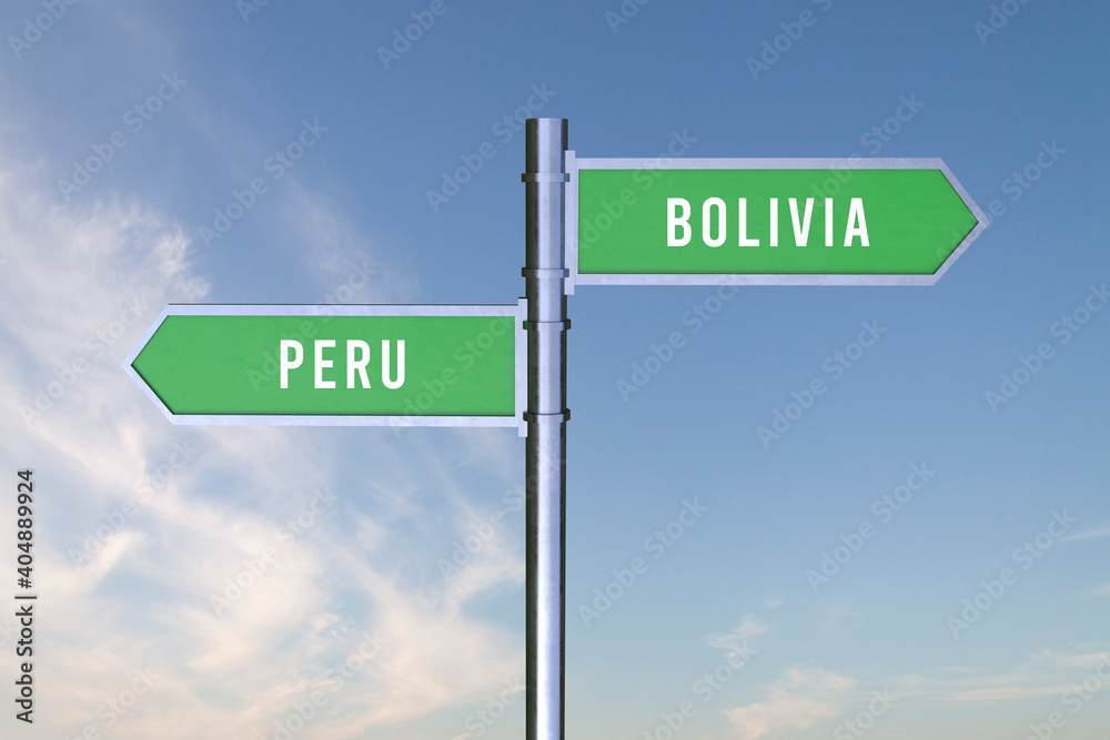 Obraz premium Sign indicating the direction of the borders between two countries BOLIVIA, PERU, 3d render.