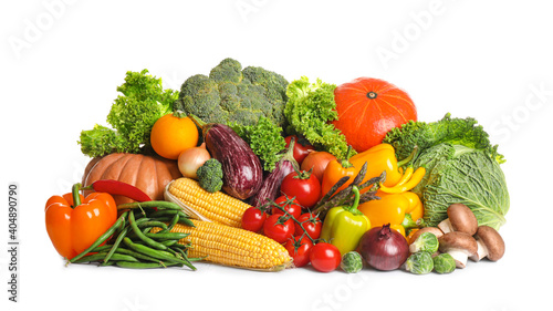 Different fresh ripe vegetables on white background