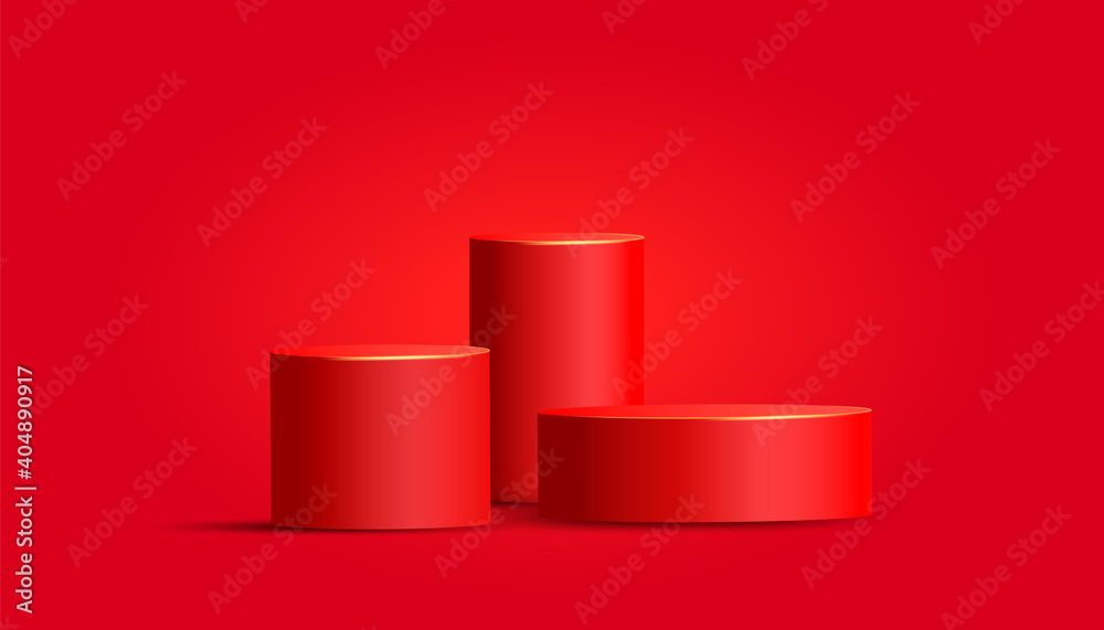 3d red podium vector background. Minimal scene. Horizontal winter christmas red poster, flyer, greeting card, header for social media banners, promotion, stage, cosmetic product show. 3d red podium vector background. Minimal scene. Horizontal winter christmas red poster, flyer, greeting card, header for social media banners, promotion, stage, cosmetic product show.