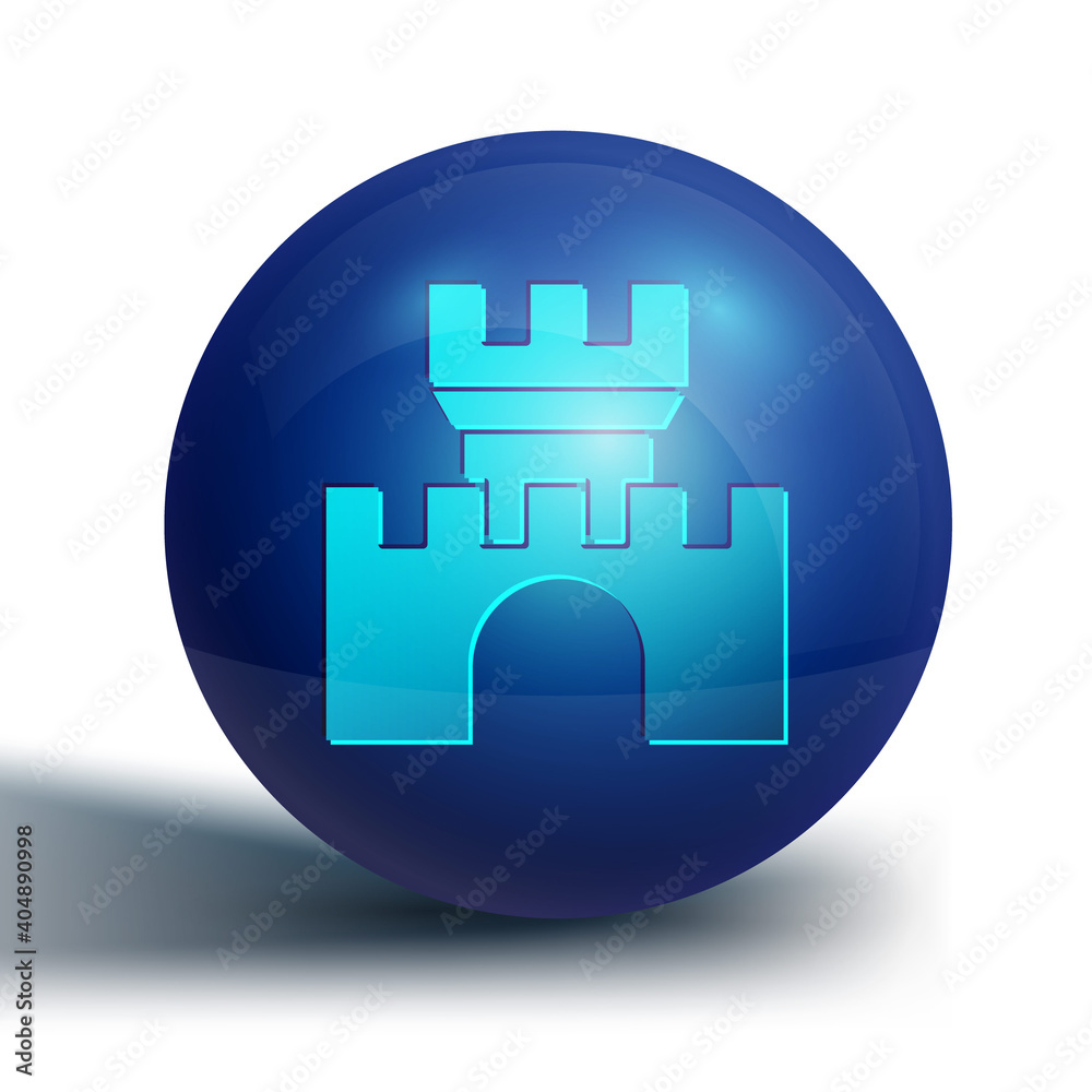 Blue Castle icon isolated on white background. Medieval fortress with a tower. Protection from enemies. Reliability and defense of the city. Blue circle button. Vector. Blue Castle icon isolated on white background. Medieval fortress with a tower. Protection from enemies. Reliability and defense of the city. Blue circle button. Vector.