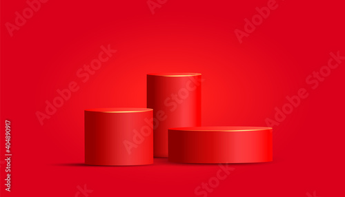 3d red podium vector background. Minimal scene. Horizontal winter christmas red poster, flyer, greeting card, header for social media banners, promotion, stage, cosmetic product show.