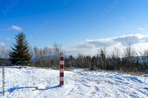 Fototapeta Naklejka Na Ścianę i Meble -  red and white granite pole on top of the mountain