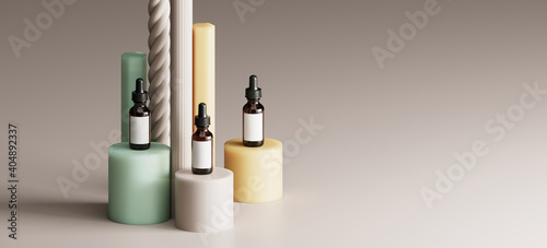 Minimal mockup background for product presentation. Essential oil bottle on podium, craft spiral and fluted tube. 3d rendering illustration. Clipping path of each element included.  