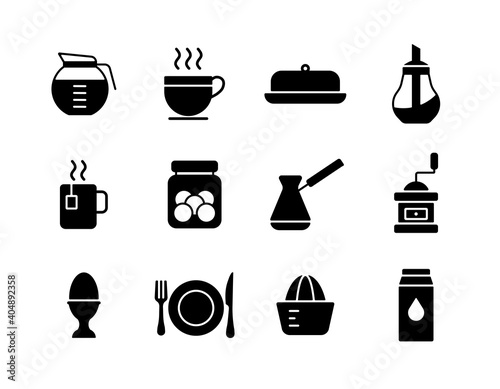 Breakfast and kitchen vector icon glyph set