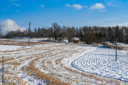 Fototapeta Naklejka Na Ścianę i Meble -  winter rural landscape with old wooden electricity poles