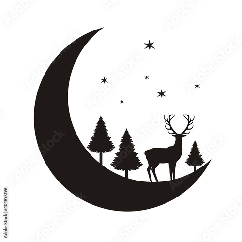 Silhouette of a deer on a crescent moon at night