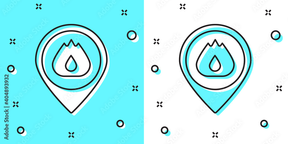 Black line Map pointer with fire flame icon isolated on green and white background. Fire nearby. Random dynamic shapes. Vector. Black line Map pointer with fire flame icon isolated on green and white background. Fire nearby. Random dynamic shapes. Vector.