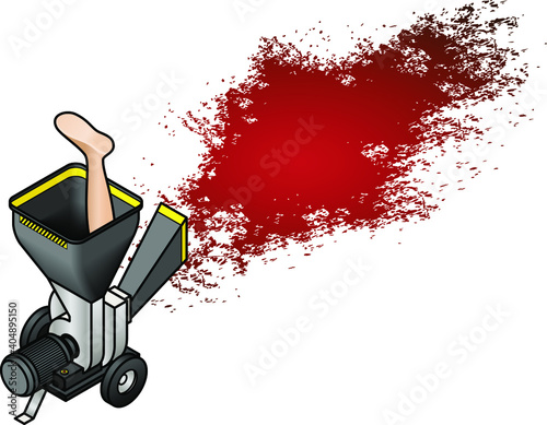A garden woodchipper with a spatter of blood and a leg.