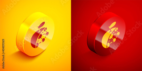 Isometric Biological structure icon isolated on orange and red background. Genetically modified organism and food. Circle button. Vector.