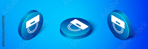 Isometric Bellboy hat icon isolated on blue background. Hotel resort service symbol. Blue circle button. Vector.