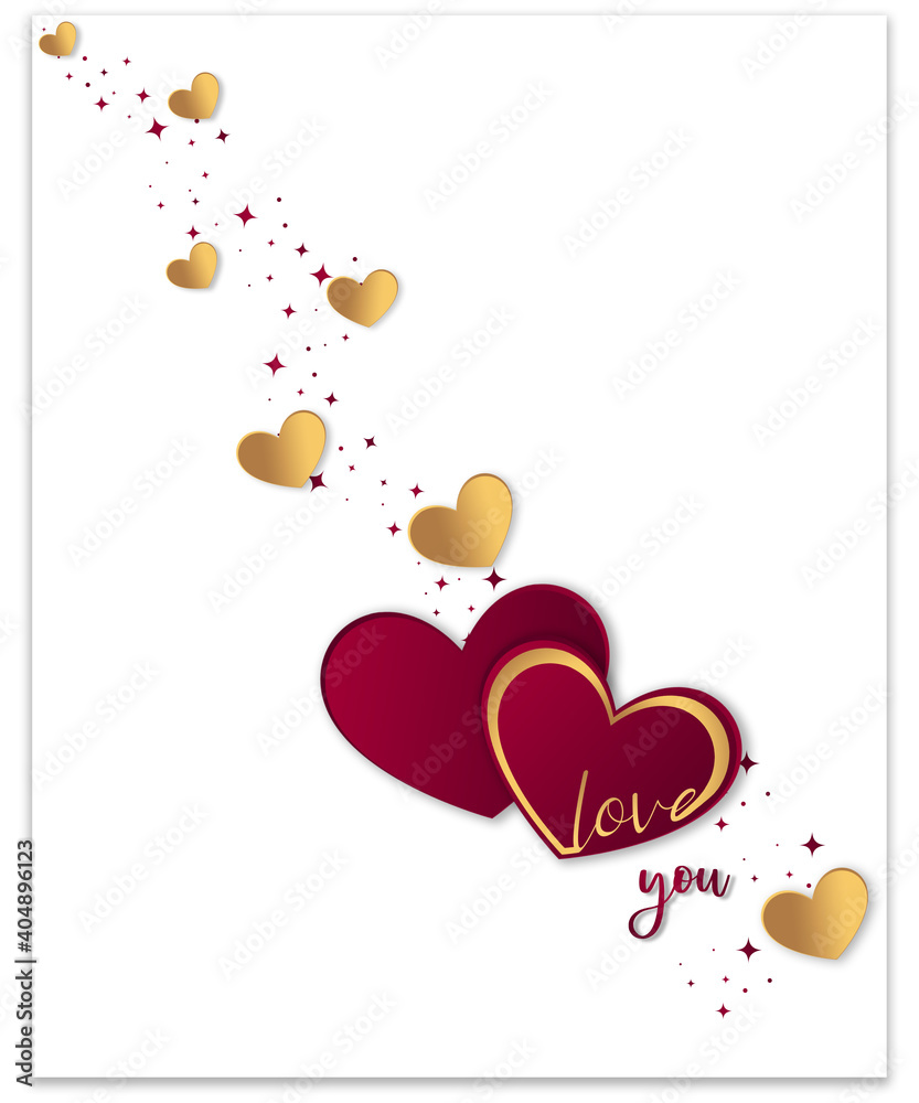 Valentine background with fancy and romantic gold flying hearts design, romantic love you design for Valentine's day, mother's day or wedding celebration