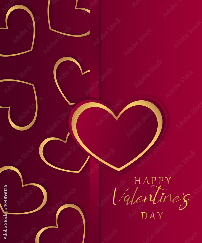 Romantic Valentine's day card with gold hearts on red background, beautiful Valentine greeting background for gift card, poster or promotion, love concept design