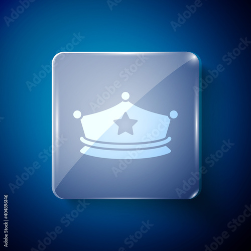 White Police cap with cockade icon isolated on blue background. Police hat sign. Square glass panels. Vector.