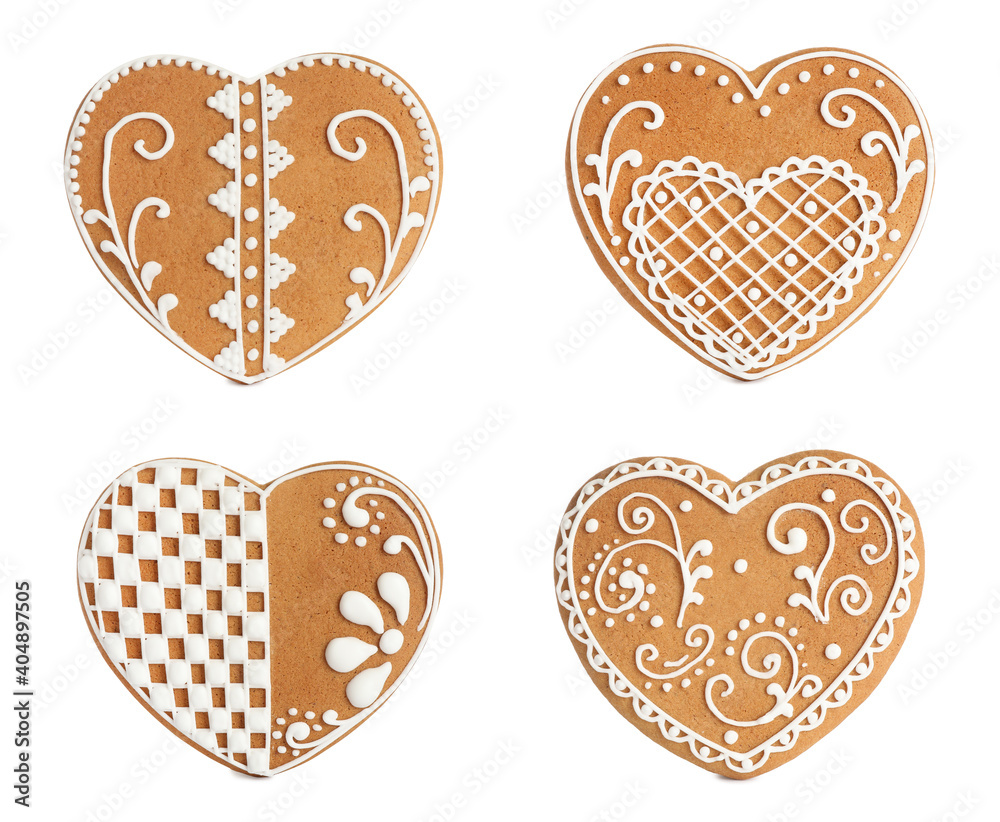 Set of Christmas gingerbread heart shaped cookies on white background Set of Christmas gingerbread heart shaped cookies on white background