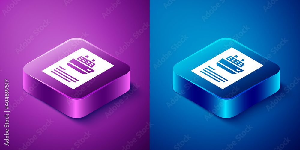 Isometric Cruise ship icon isolated on blue and purple background. Travel tourism nautical transport. Voyage passenger ship, cruise liner. Worldwide cruise. Square button. Vector. Isometric Cruise ship icon isolated on blue and purple background. Travel tourism nautical transport. Voyage passenger ship, cruise liner. Worldwide cruise. Square button. Vector.