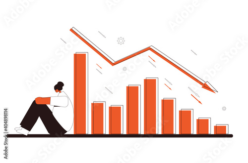 Stock market crash. Investor lost money. Sad and disappointed shareholder sitting on the floor with graph fall down at computer screen. Bankrupt. Economic and financial crisis. Vector illustration