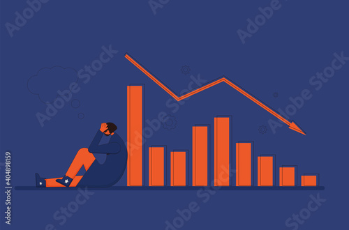 Stock market crash. Investor lost money. Young shareholder sitting on the floor with index graph fall down. The broader market fall. Economic and financial crisis. Vector illustration.