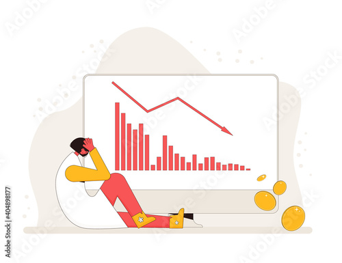 Stock market crash. Investor lost money. Sad and disappointed shareholder sitting on the floor with graph fall down at computer screen. Bankrupt woman. Economic and financial crisis. Vector concept.