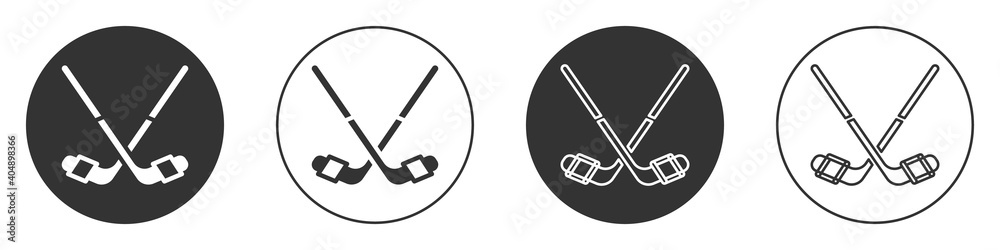 Black Ice hockey sticks icon isolated on white background. Circle button. Vector. Black Ice hockey sticks icon isolated on white background. Circle button. Vector.