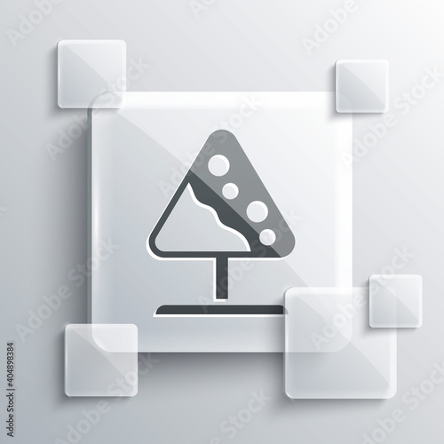 Grey Road sign avalanches icon isolated on grey background. Snowslide or snowslip rapid flow of snow down a sloping surface. Square glass panels. Vector.