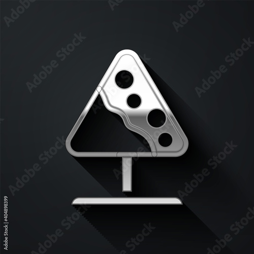 Silver Road sign avalanches icon isolated on black background. Snowslide or snowslip rapid flow of snow down a sloping surface. Long shadow style. Vector.