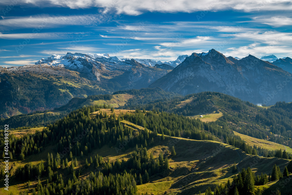 Beautiful view on autumn Swiss Alps as seen from top of Chli Aubrig peak in Switzerland