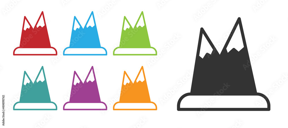 Black Mountains icon isolated on white background. Symbol of victory or success concept. Set icons colorful. Vector. Black Mountains icon isolated on white background. Symbol of victory or success concept. Set icons colorful. Vector.