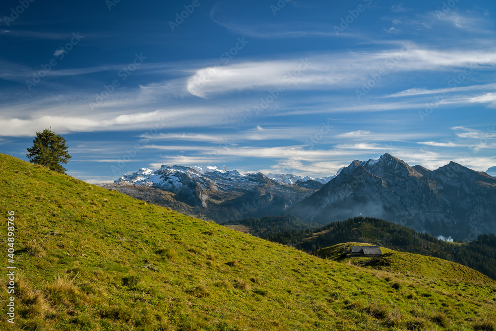 Beautiful view on autumn nature in Swiss Alps as seen from top of Chli Aubrig