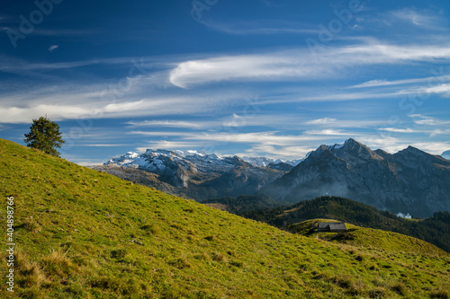 Beautiful view on autumn nature in Swiss Alps as seen from top of Chli Aubrig