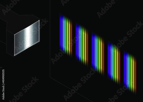 A diffraction grating splitting white light into a series of spectra. photo