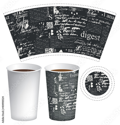 Vector paper Cup template for hot drinks. Disposable cup for tea or coffee with abstract illegible scribbles imitating handwritten text on the newspaper page with sketches and blots