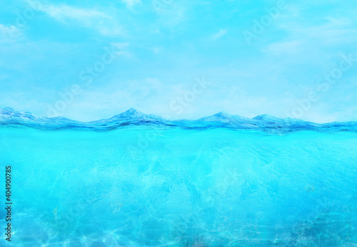 Underwater calm ocean wave surface and blue sky splitted by waterline. 3D illustration with translucent deep underwater sea design template. Horizon tropical turquoise clean water seascape background photo