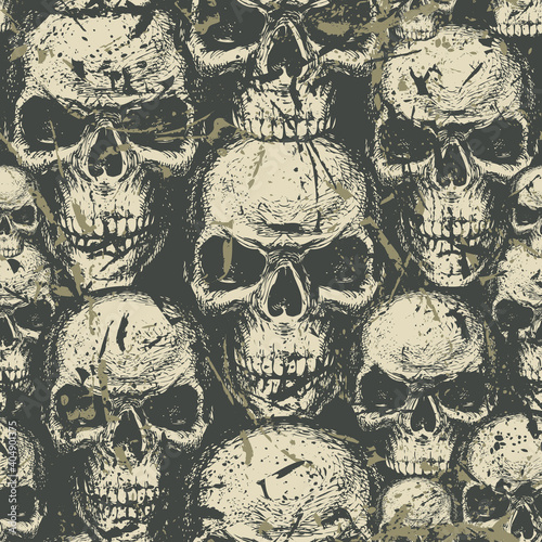 Seamless pattern with hand-drawn human skulls in grunge style. Abstract vector background with ominous skulls. Graphic print for clothes, fabric, wallpaper, wrapping paper, design for halloween party