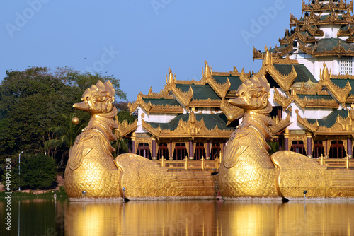 Burmese royal barge Golden Karaweik palace on Kandawgyi Lake in Bogyoke Park in Yangon, Myanmar (Burma)
 photo