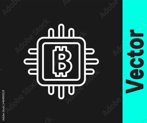 White line CPU mining farm icon isolated on black background. Bitcoin sign inside processor. Cryptocurrency mining community. Digital money. Vector.