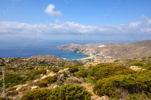 West coast of Ios and Mylopotas Bay with its popular beach. Cyclades, Greece