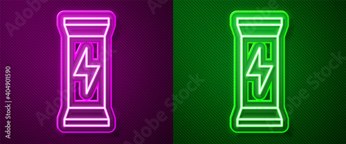 Glowing neon line Sports nutrition bodybuilding proteine power drink and food icon isolated on purple and green background. Vector.