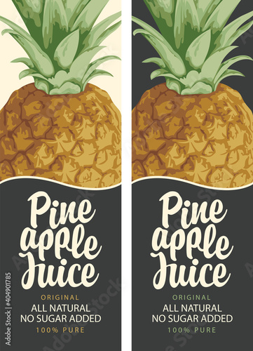 Set of two pineapple juice labels with realistic pineapple and calligraphy lettering. Vector illustrations for natural pineapple juice in retro style