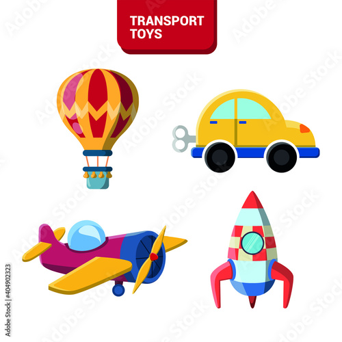 Vector image. Collection of drawings of toys for children. Transport toys. A rocket, air balloon, a car, an airplane.