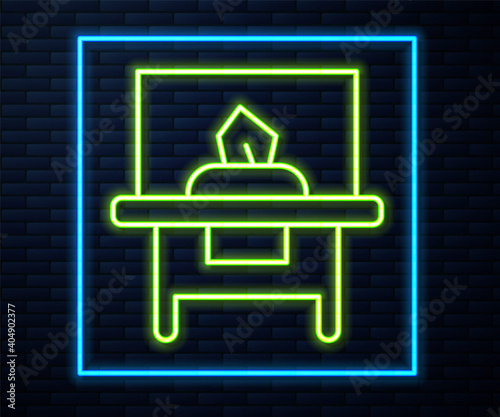 Glowing neon line Glass showcase for exhibit icon isolated on brick wall background. Vector.
